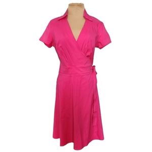 New York & Company Hot Pink Barbiecore Wrap Dress Medium Collared V-Neck A-Line